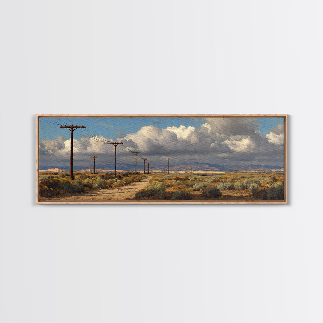 Desert Telephone Poles And Storm Clouds Wall Art, Western Landscape Canvas, Rustic Southwest Decor, Panoramic Print For Living Room
