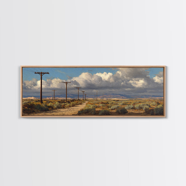 Desert Telephone Poles And Storm Clouds Wall Art, Western Landscape Canvas, Rustic Southwest Decor, Panoramic Print For Living Room