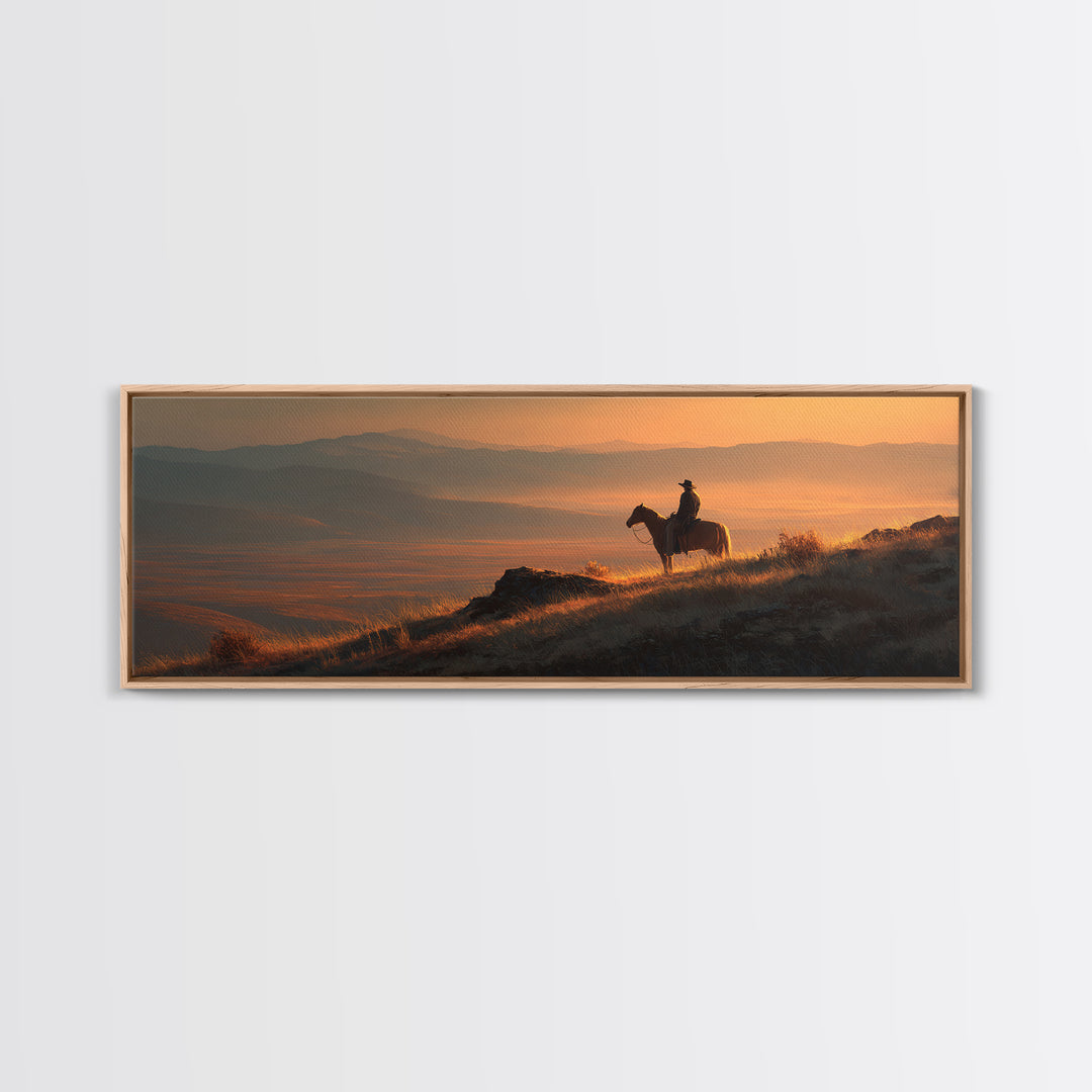 Cowboy Sunset Mountain Landscape Wall Art, Western Horse Rider Canvas Print, Rustic Ranch Decor, Masculine Office Art Gift