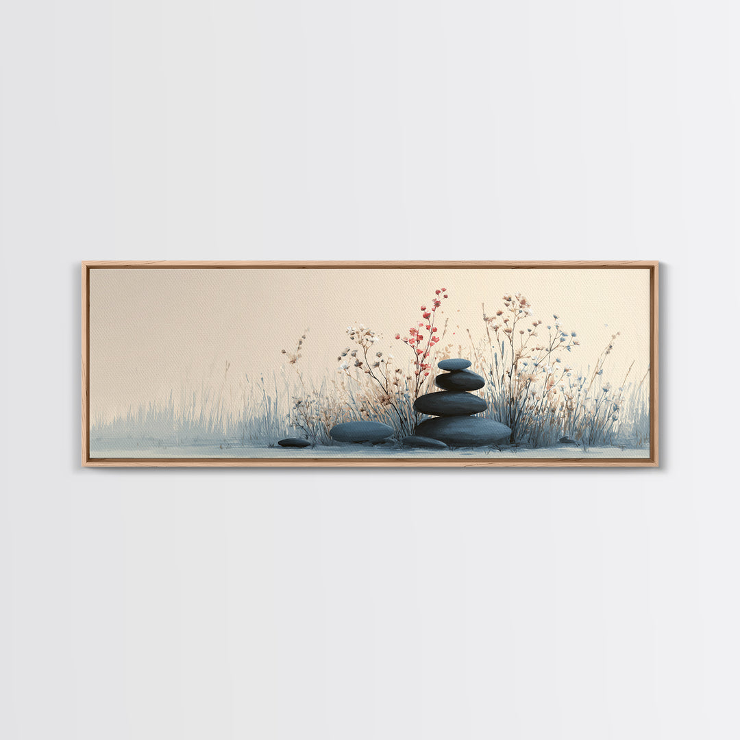 Zen Stacked Stones Wall Art, Minimalist Floral Canvas Print, Calming Spa Decor, Meditation Room Art, Neutral Home Decor Print