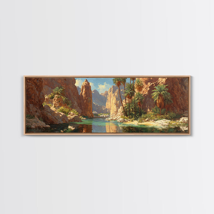 Desert Canyon Oasis Framed Canvas Print, Palm River Landscape Wall Art, Southwestern Decor, Large Panoramic Nature Print