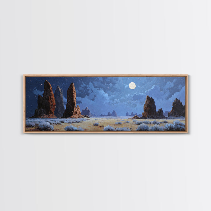 Moonlit Desert Rock Spires Canvas Print, Surreal Landscape Wall Art, Night Sky Decor, Southwestern Art, Moody Bedroom Wall Art