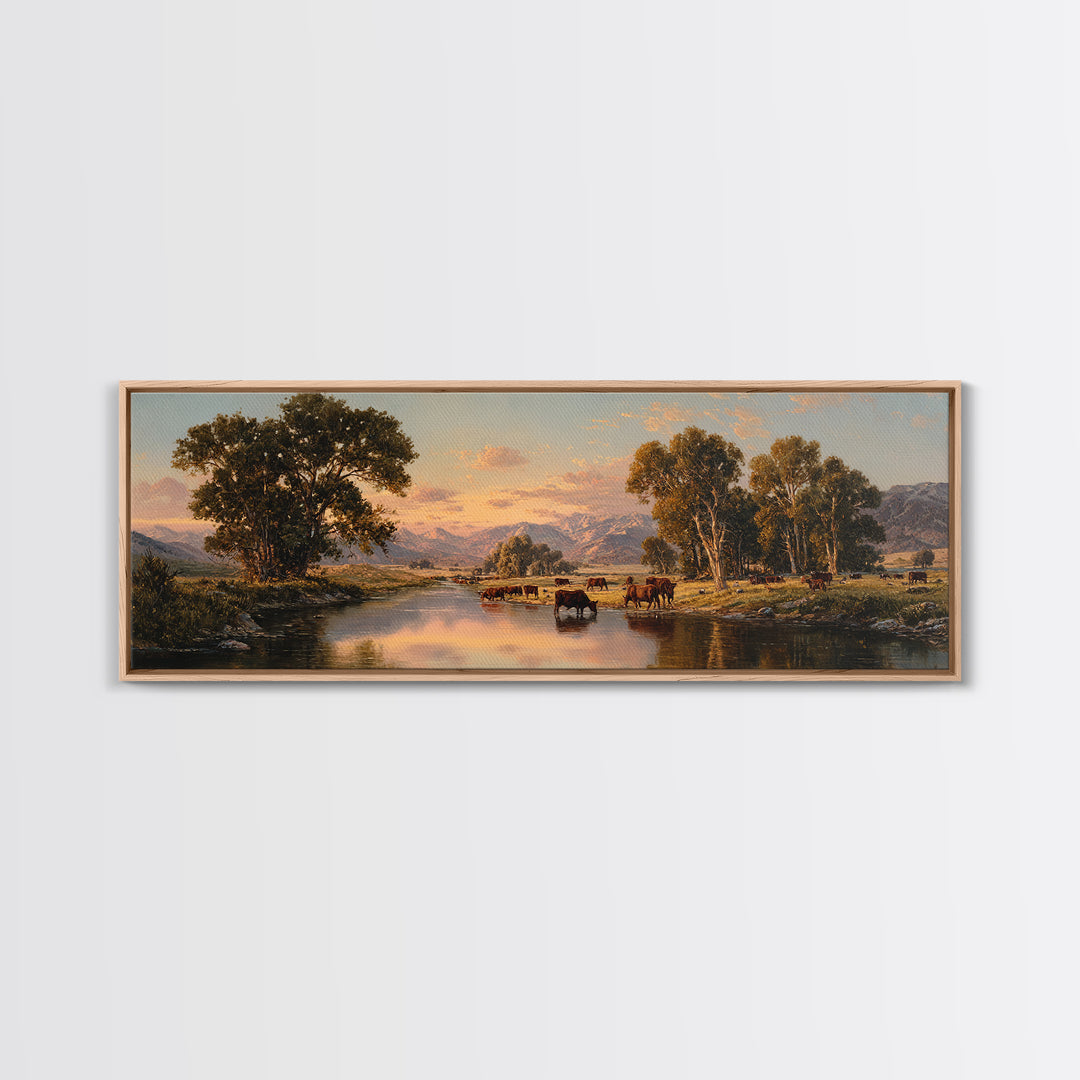 Pastoral River Cattle Valley Wall Art, Mountain Ranch Landscape Canvas, Western Farmhouse Print, Rustic Home Decor, Large Living Room Decor