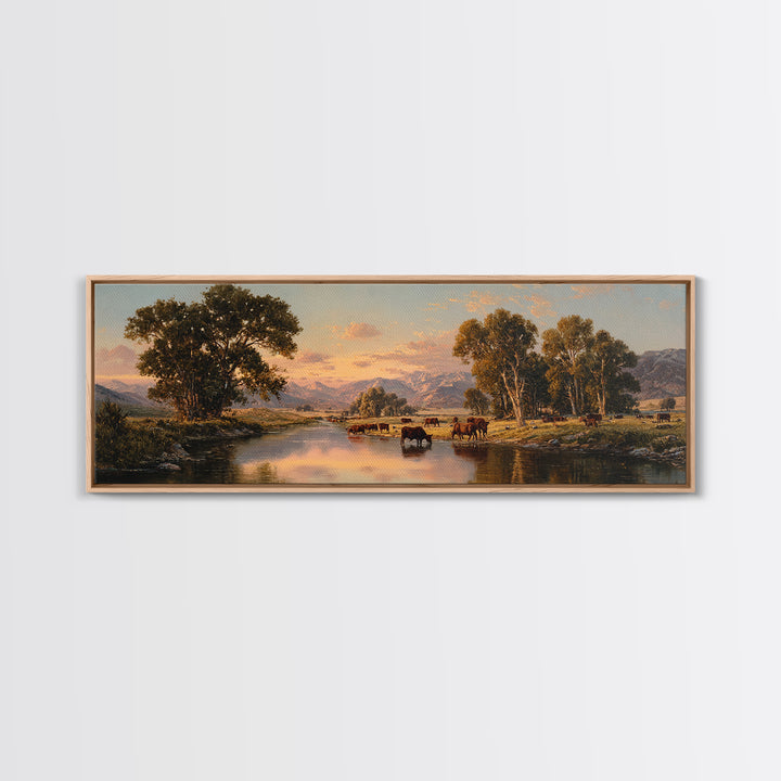 Pastoral River Cattle Valley Wall Art, Mountain Ranch Landscape Canvas, Western Farmhouse Print, Rustic Home Decor, Large Living Room Decor
