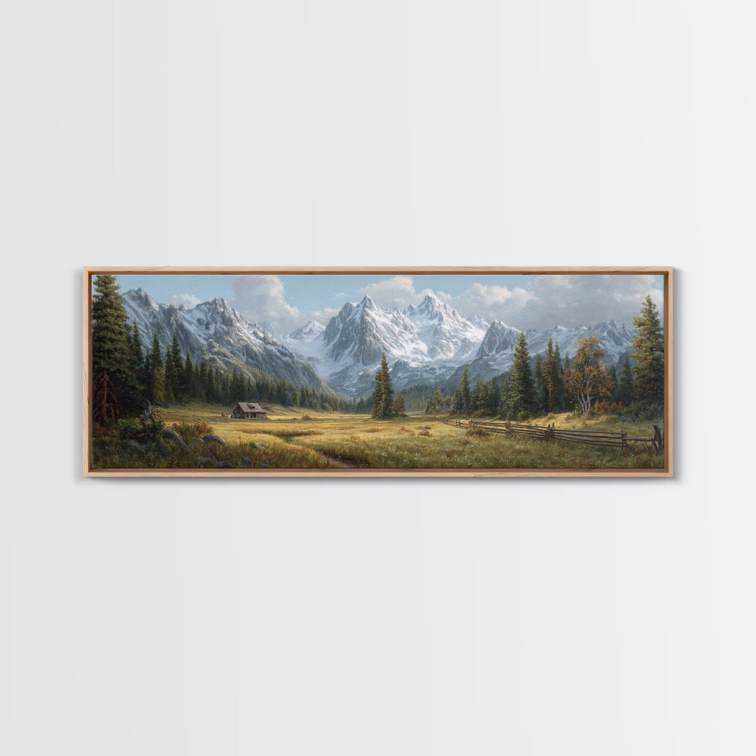 Alpine Meadow Cabin And Snowy Mountains Framed Canvas Print, Landscape Wall Art, Rustic Farmhouse Living Room Decor Gift