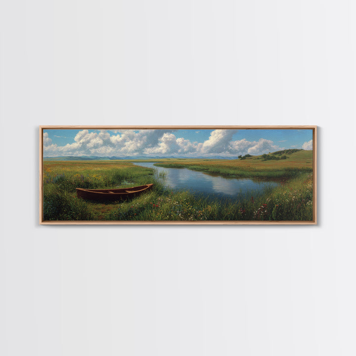 Peaceful Meadow River Boat Wall Art, Panoramic Landscape Canvas Print, Lake House Decor, Nature Wall Decor, Above Sofa Art
