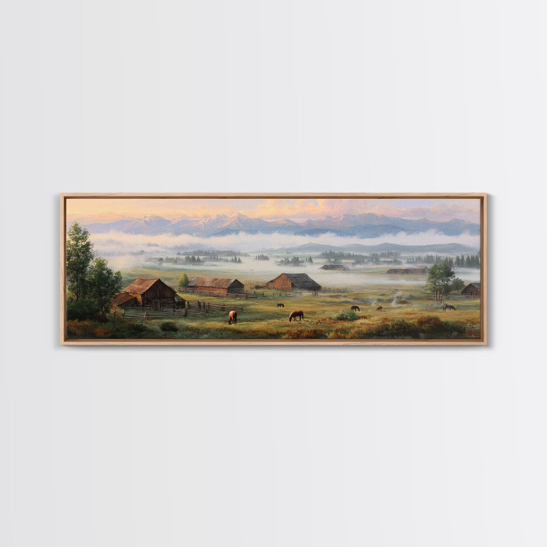 Misty Mountain Ranch Wall Art, Rustic Farmhouse Landscape With Cattle, Country Home Decor, Large Living Room Canvas Print