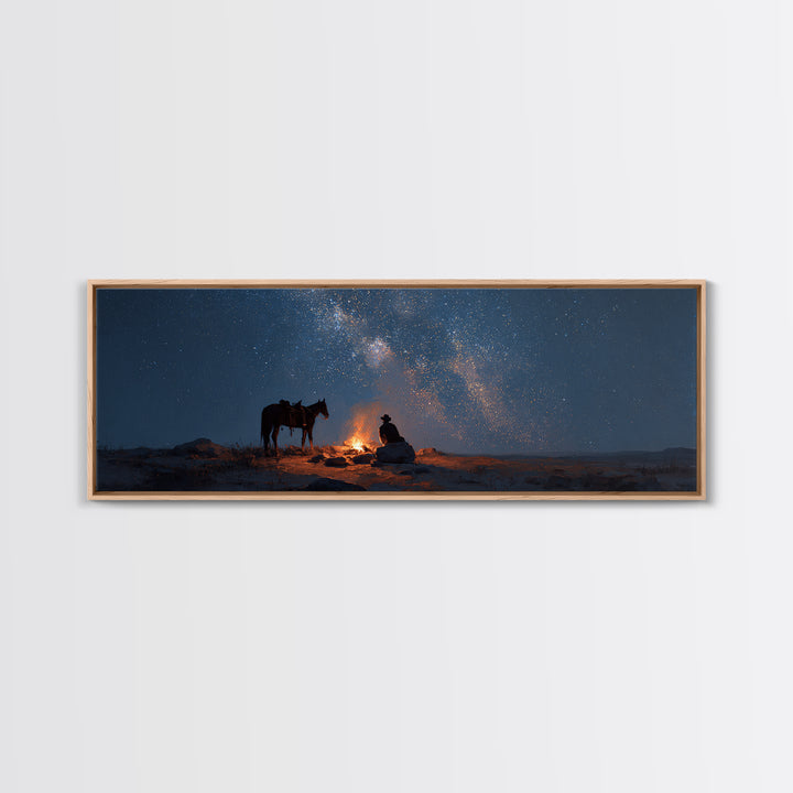 Cowboy Campfire Under Milky Way Wall Art, Western Night Sky Canvas Print, Rustic Desert Decor For Cabin And Man Cave Home Decor