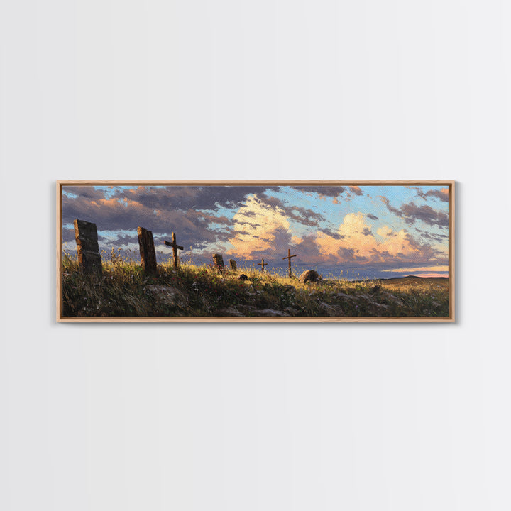 Prairie Hill Crosses Wall Art, Rustic Christian Landscape At Sunset, Spiritual Farmhouse Living Room Decor, Large Canvas Print