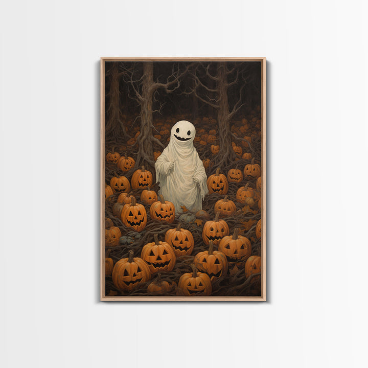 Fall Omens - Spooky Ghost In A Pumpkin Patch, Halloween Decor, Fall Art, Framed Canvas Print, Spooky Halloween Decor