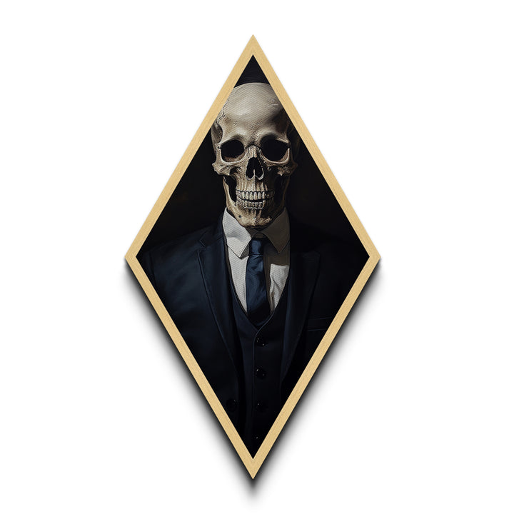 "Death in a Suit" Skeleton in Business Attire Canvas Embossed Print, Dark Academia Diamond Shaped Art for Gothic Office or Halloween Wall Decor
