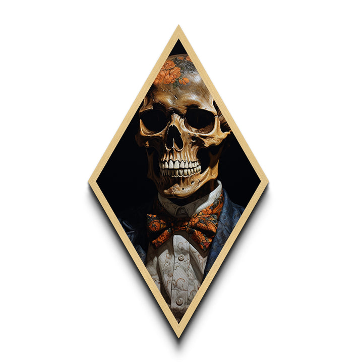 "Florals for the Dead" Skeleton with Flowered Skull and Pumpkin Bowtie Canvas Art Print, Diamond Shaped Halloween Decor in Gothic Baroque Style