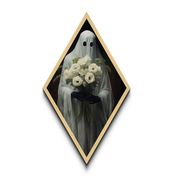 "Ghost with Flowers" Diamond Shaped Art Spirit Holding White Bouquet Canvas Art Print, Gothic Halloween Decor in Dark Academia Romantic Style