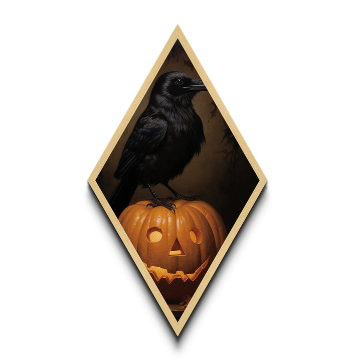 "Crow and Lantern" Gothic Halloween Crow on Pumpkin Canvas Embossed Print, Diamond Shaped Art for Dark Academia or Spooky Autumn Wall Decor