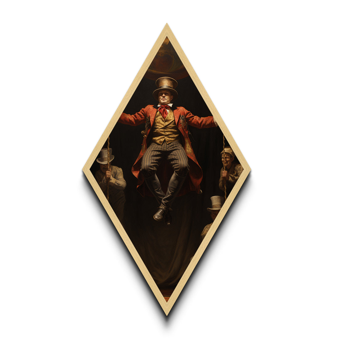 "Midair Proclamation" Victorian Ringmaster in Flight Canvas Art Print, Diamond Shaped Dark Academia Decor for Haunted Circus Halloween