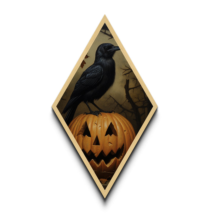 "Nevermore Pumpkin" Diamond Shaped Art of Crow on Pumpkin Canvas Art Print, Moody Halloween Wall Decor for Gothic and Dark Academia Homes