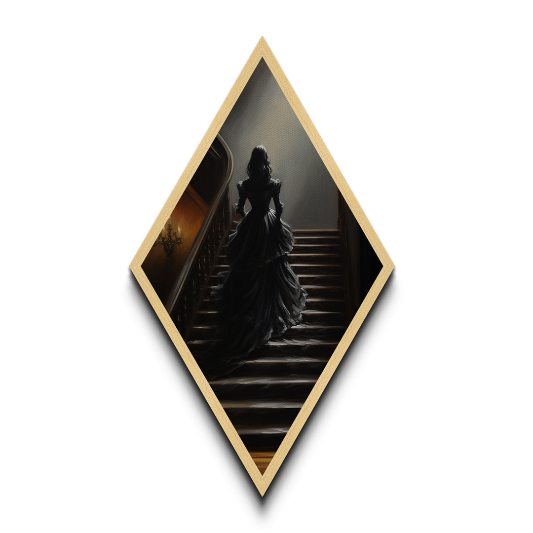 "Echoes Upstairs" Diamond Shaped Art of Victorian Woman Ascending Stairs Canvas Art Print, Gothic Haunted House Halloween Wall Decor