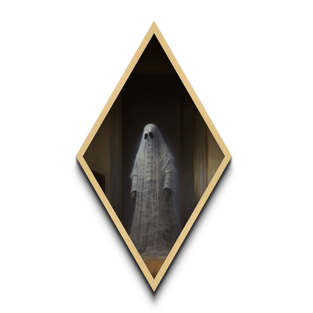 "The Hallway Pause" Diamond Shaped Art of Ghost in Doorway Canvas Art Print, Gothic Halloween Decor with Dark Academia Haunted House Vibes