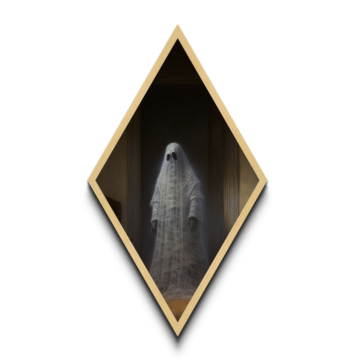 "The Hallway Pause" Diamond Shaped Art of Ghost in Doorway Canvas Art Print, Gothic Halloween Decor with Dark Academia Haunted House Vibes