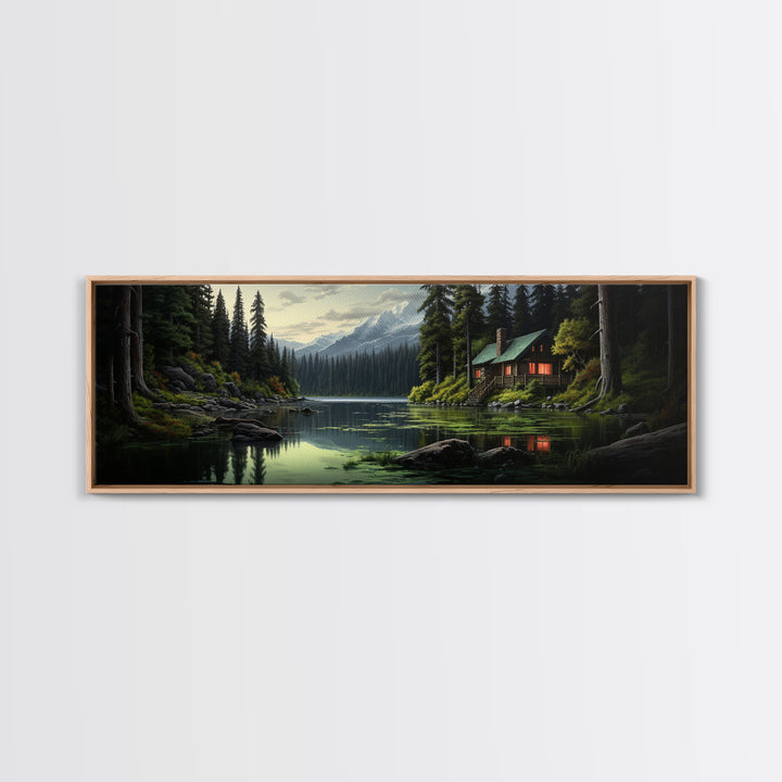 Cozy Cabin on The Lake, Framed Canvas Print, Farmhouse Decor, Landscape Painting, Unique Wall Art