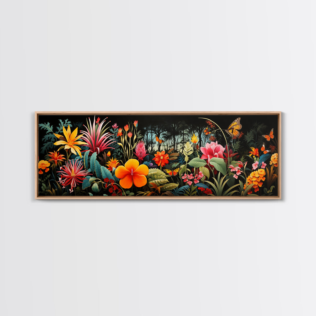 Beautiful Tropical Print "The Jungle" Framed Canvas Print, Panoramic Art, Extra Wide Wall Decor, Living Room Decor