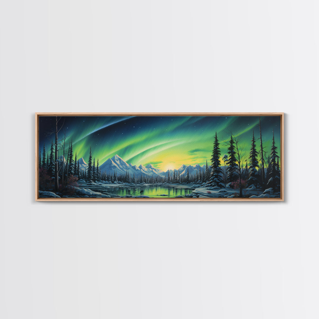 Aurora Borealis, Framed Canvas Print, Beautiful Alaskan Winter Landscape Painting, Moody Art, Unique Wall Art