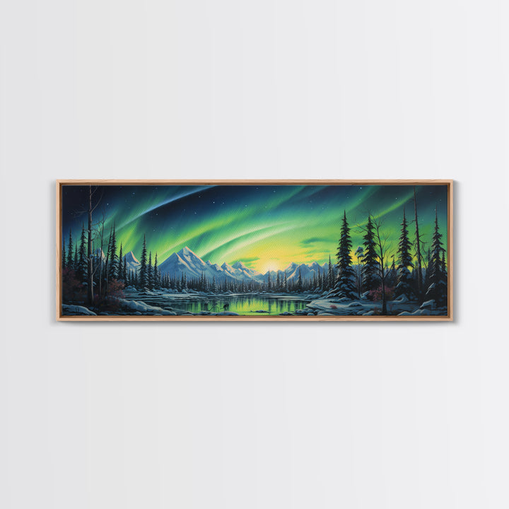 Aurora Borealis, Framed Canvas Print, Beautiful Alaskan Winter Landscape Painting, Moody Art, Unique Wall Art