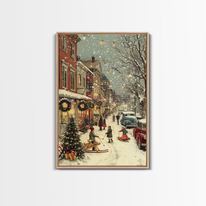 Vintage Christmas Town Scene with Children Playing in Snow, Holiday Street Decor and Wreaths, Framed Canvas Print for Winter Wall Art