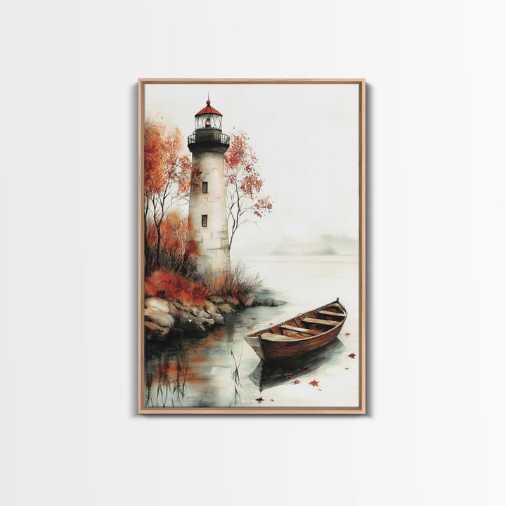 Lighthouse In The Fall, Framed Canvas Print, Fall Decor, Autumn Centerpiece Art, Boho Minimalist Style Wall Art