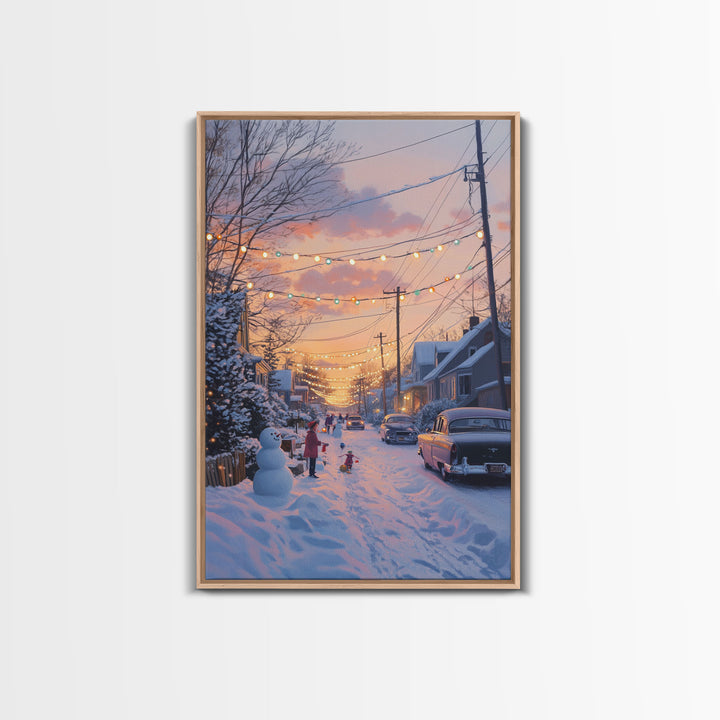 Cozy Neighborhood Christmas Evening with Snowmen and Festive Lights, Perfect for Framed Canvas Print and Holiday Wall Art
