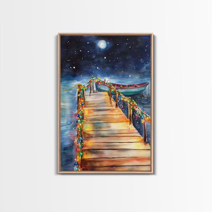 Lakeside Dock Decorated For Christmas, Nautical Christmas Wall Art Canvas Print, Farmhouse Christmas, Lake House Christmas Art