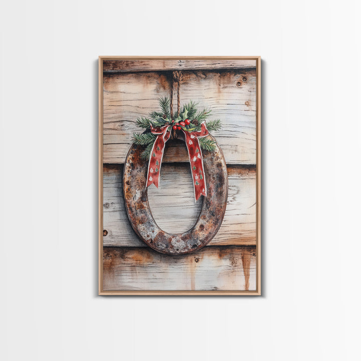 Christmas Horseshoe Framed Canvas Print, Horse Shoe With Mistletoe, Wood Framed Christmas Art, Western Decor, Boho Christmas, Minimalist
