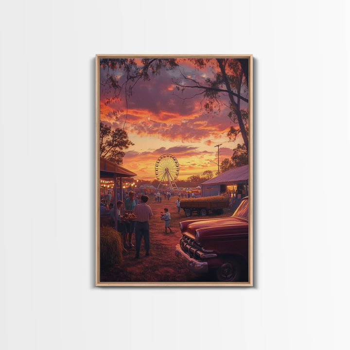Rustic Country Fair at Sunset, Carnival Ferris Wheel and Warm Autumn Colors, Framed Canvas Print for Seasonal Home Decor