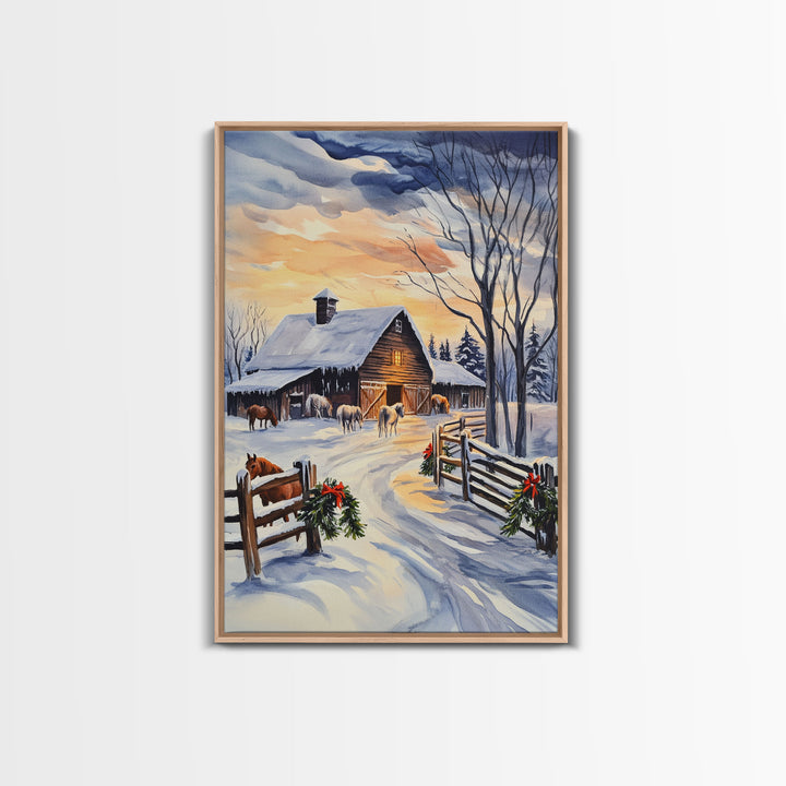 Christmas On The Farm, Winter Wall Art Framed Canvas Print, Gift Idea, Seasonal Decor, Barn Painting, Farmhouse Art