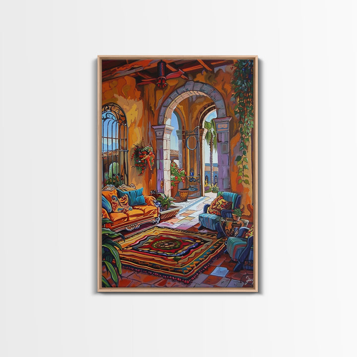 Mediterranean Lounge With Mountain View Framed Canvas Print Spanish Style Patio Wall Art Home Decor Best Gift Seasonal Above Sofa Art
