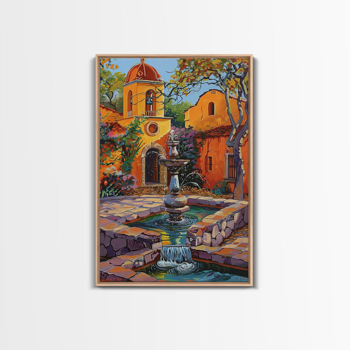Mexican Style Framed Canvas Print Tall Art Vibrant Outdoor Fountain Scene With Colorful Architecture