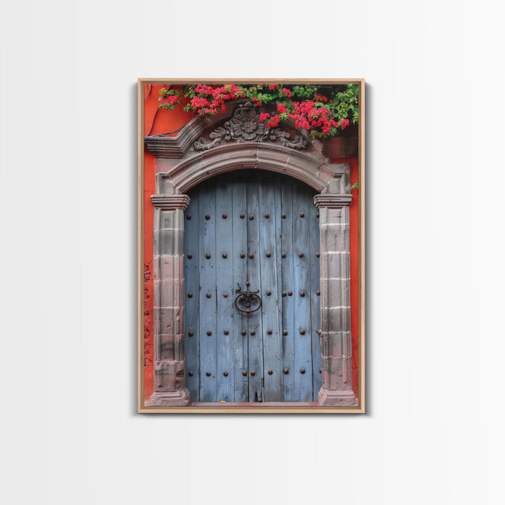 Mexican Style Colorful Architecture Framed Canvas Print Tall Art Depicting Traditional Blue Doors