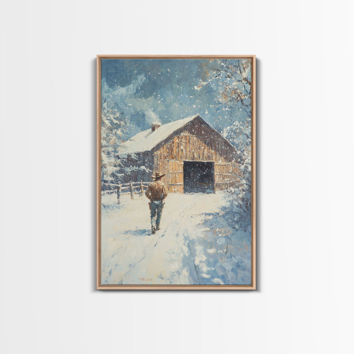 Cowboy Walking in Snow Scene Framed Canvas Print - Moody Landscape Art for Winter Home Decor 2024 Rustic Winter Wall Art