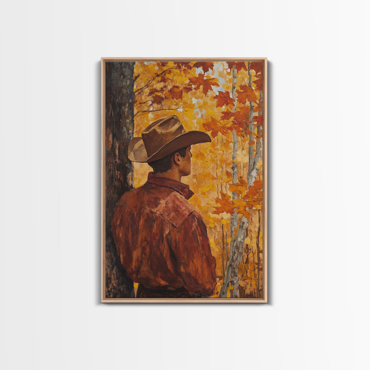 Cowboy in Autumn Forest Framed Canvas Print - Rustic Fall Wall Art Perfect Gift Idea 2024 Country Decor - Moody Landscape Art