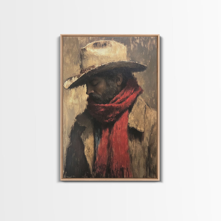 Moody Cowboy with Red Scarf Framed Canvas Print - Rustic Winter Landscape Art Best Gift Idea 2024 Christmas Wall Art