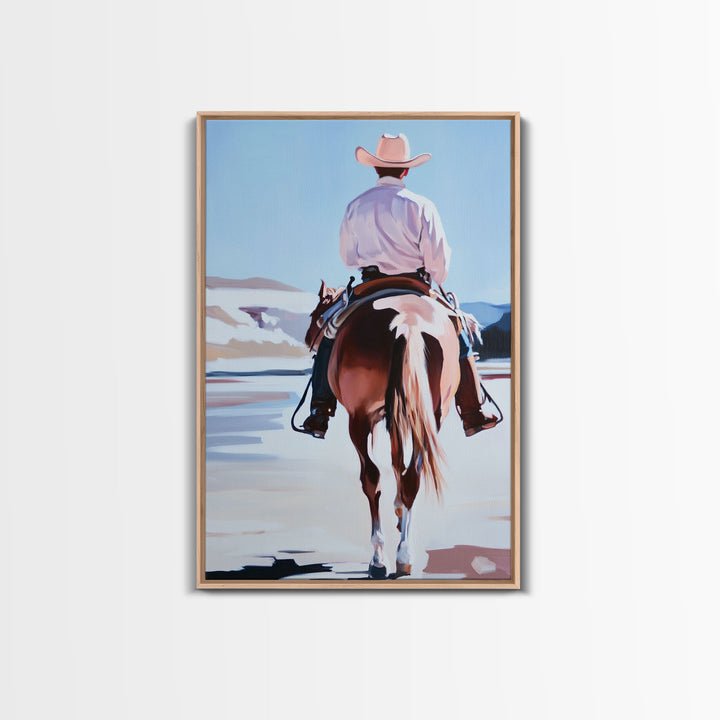 Cowboy Riding Horse Autumn Path with Fall Leaves Framed Canvas Print Vintage Christmas Wall Art Winter Landscape Christmas Decor Gift Idea