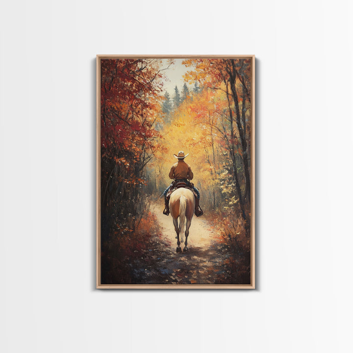 Cowboy Rider in Vibrant Autumn Forest Canvas Print Fall Season Wall Art Gallery Wall Christmas Wall Decor Vintage Cowboy Art Gift Idea