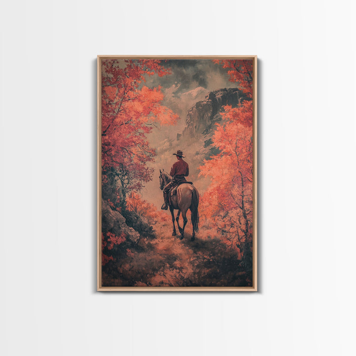 Cowboy in Forested Autumn Trail Framed Canvas Print Vintage Christmas Wall Decor Autumn Landscape Christmas Art Print Country Christmas