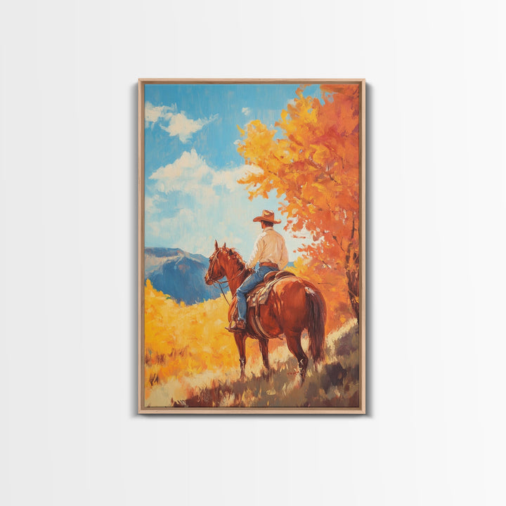 Cowboy in Colorful Autumn Trail Framed Canvas Print Country Christmas Decor Fall Wall Art Vintage Christmas Decor Gift Idea Gallery Wall Art