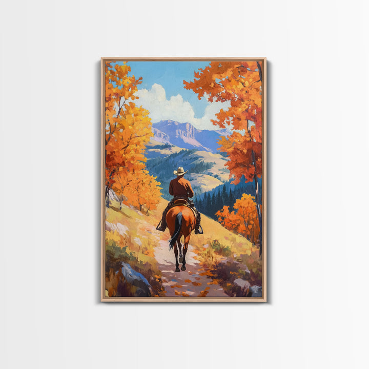 Cowboy Riding Through Autumn Mountains Framed Canvas Print Fall Landscape Art Christmas Decor Seasonal Wall Art Cowboy Christmas Gift Idea