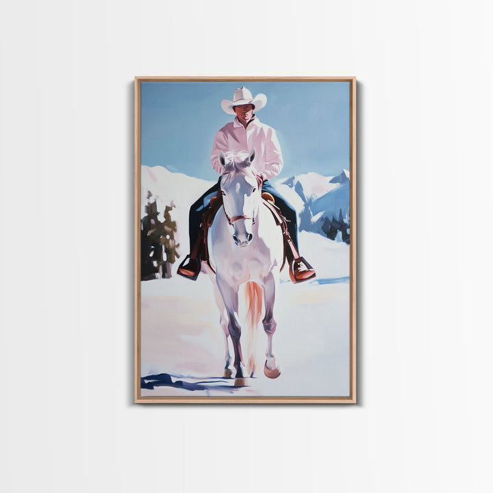 Lone Cowboy on White Horse in Snowy Landscape Canvas Print Winter Christmas Art Seasonal Wall Art Vintage Christmas Moody Landscape Gift