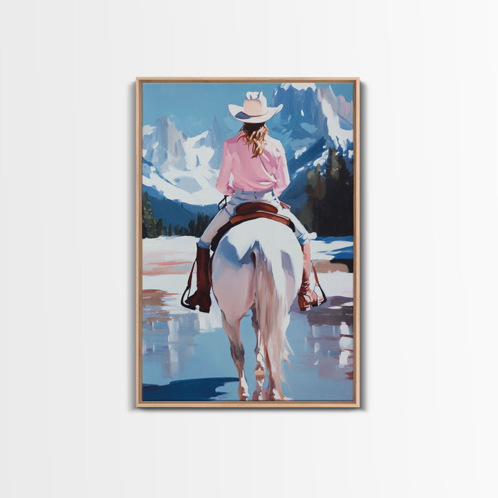 Female Cowboy Riding Through Winter Mountains Framed Canvas Print Christmas Wall Art Winter Wonderland Vintage Christmas Gift Wall Art