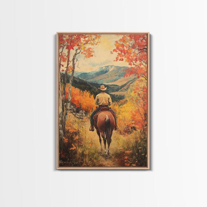 Cowboy in Autumn Landscape Canvas Print Fall Wall Art Vintage Christmas Wall Decor Country Christmas Gift Seasonal Wall Art Fall Decor