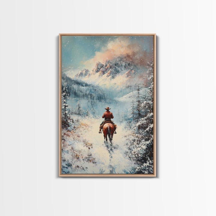 Cowboy in Winter Mountains Framed Canvas Print Christmas Wall Art Winter Wonderland Decor Vintage Christmas Gift Idea Moody Landscape Art