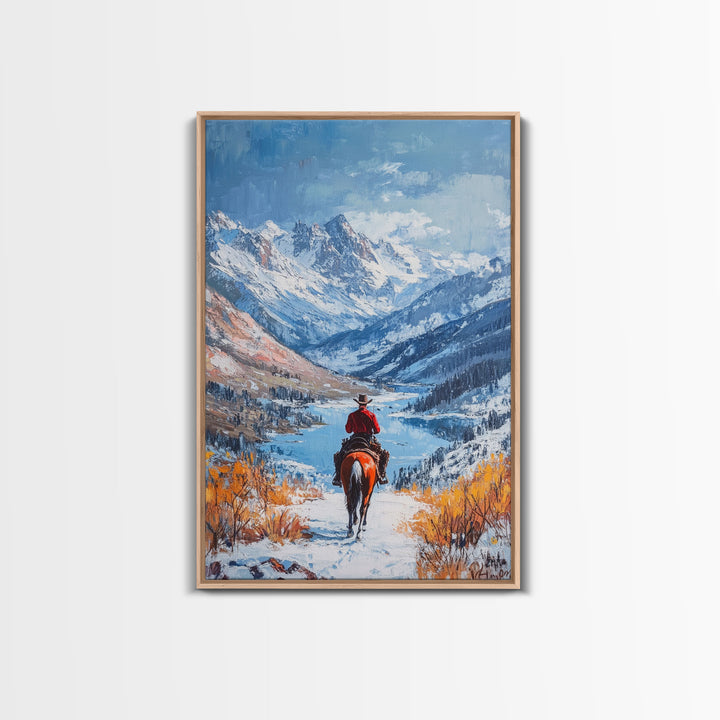 Cowboy in Snowy Mountain Range Canvas Print Winter Wonderland Art Christmas Decor Seasonal Wall Art Vintage Christmas Gift Christmas Decor